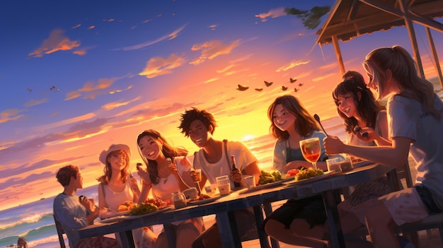 Photo groupe d'amis profitant d'un barbecue sur la plage au coucher du soleil