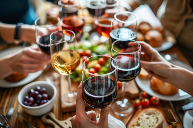 Un groupe d'amis profitant d'un dîner décontracté avec des verres de vin et des toasts