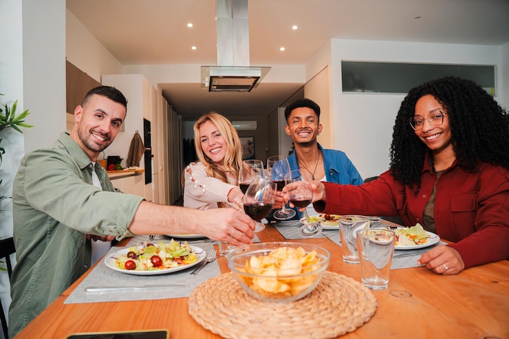 Photo un groupe d'amis profitant d'un dîner joyeux avec des toasts et des verres de vin dans un dîner