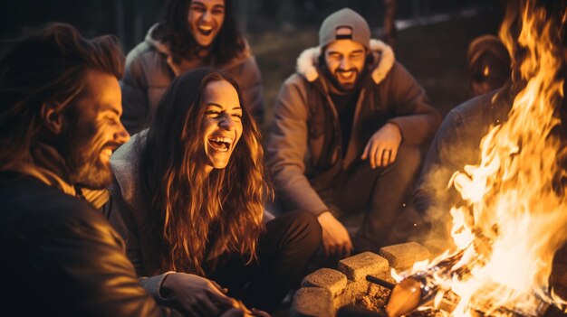 Photo groupe d'amis profitant d'un feu de joie souriant et relaxant pendant le camping