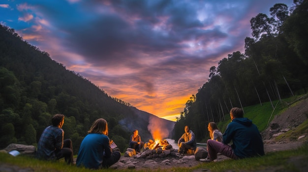 Groupe d'amis profitant de leurs vacances près d'un feu de camp