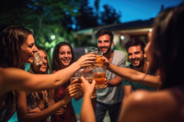 Groupe d'amis profitant d'une nuit au bord de la piscine dans le jardin de la villa en train de tinter leurs bières ensemble pour célébrer l'IA générative