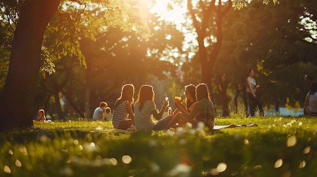 Un groupe d'amis profitant d'un pique-nique dans un parc ensoleillé