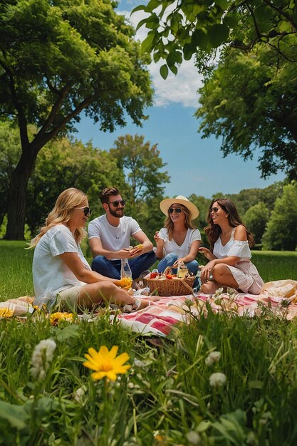 Photo un groupe d'amis profitant d'un pique-nique d'été dans un parc vert luxuriant entouré de fleurs colorées et d'un ciel bleu clair