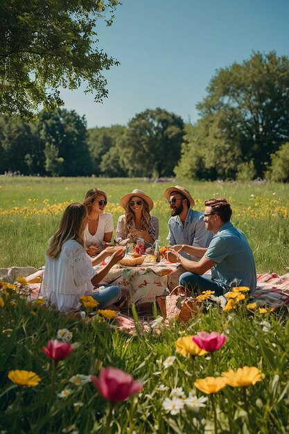 Un groupe d'amis profitant d'un pique-nique d'été dans un parc vert luxuriant entouré de fleurs colorées et d'un ciel bleu clair