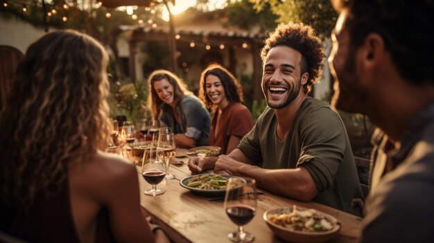 Un groupe d'amis profite ensemble d'un délicieux dîner dans la cour