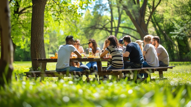 Un groupe d'amis profitent d'un pique-nique dans le parc. Ils sont assis autour d'une table en bois, mangeant, buvant et parlant.