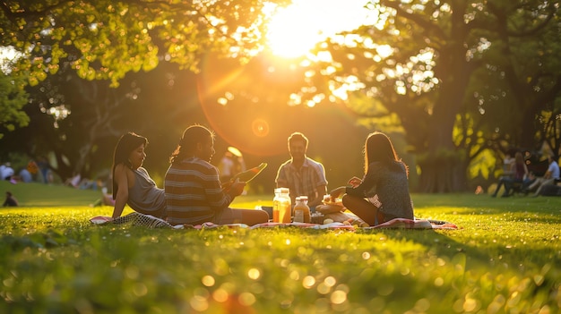 Un groupe d'amis profitent d'un pique-nique dans le parc par une journée ensoleillée