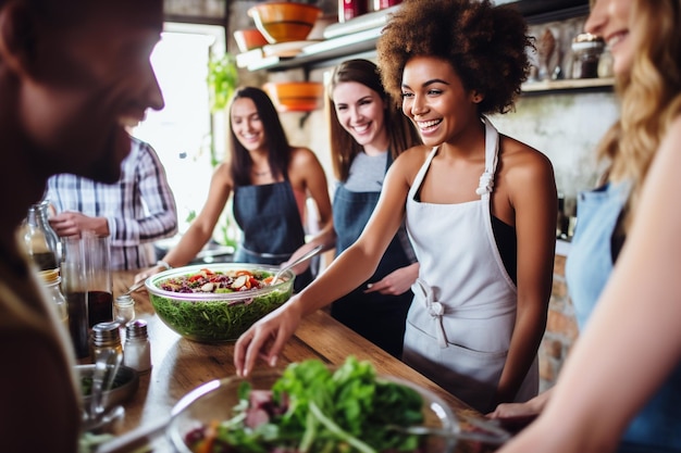 Un groupe d'amis qui cuisinent dans la cuisine.