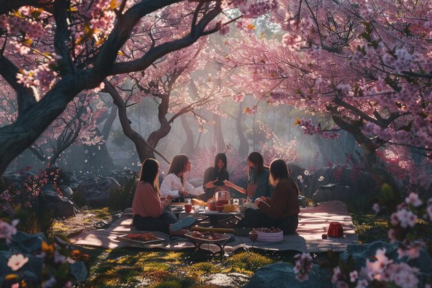 Un groupe d'amis qui font un pique-nique dans un che en fleurs.