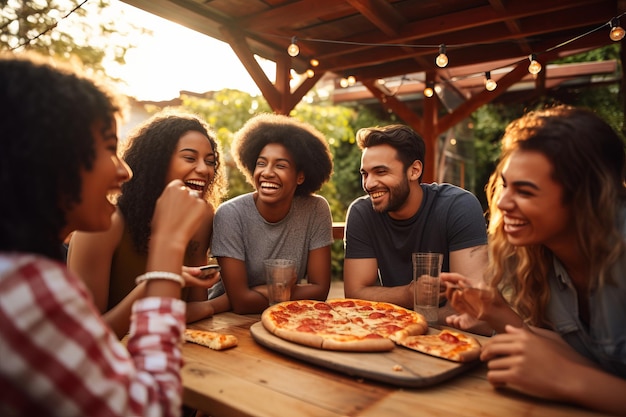 un groupe d'amis qui mangent de la pizza