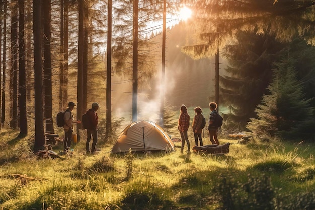 Un groupe d'amis qui se lancent dans un voyage de camping IA générative