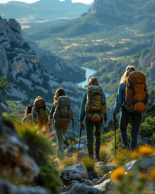 Un groupe d'amis en randonnée vers Scenic Overlook en arrière-plan