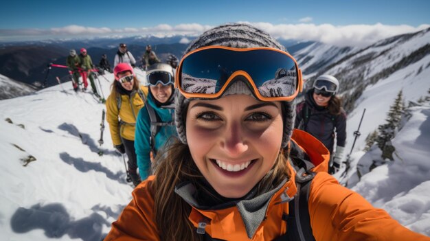 Photo un groupe d'amis en raquettes de neige dans les montagnes