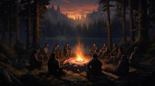 Un groupe d'amis rassemblés autour d'un feu de joie dans une clairière forestière
