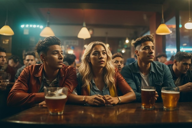 Groupe d'amis regardant un match de football dans un pub