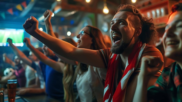 Un groupe d'amis regardent un match de football dans un bar. Ils sont tous très excités et encouragent leur équipe.