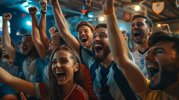 Un groupe d'amis regardent un match sportif dans un bar. Ils applaudissent tous et célèbrent la victoire de leur équipe.