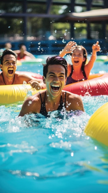un groupe d'amis riant et éclaboussant dans une piscine avec des flotteurs de couleurs vives et des boissons à la main