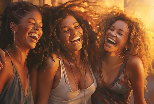 groupe d'amis riant et étreignant souriant au coucher du soleil dans le style de l'afrofuturisme