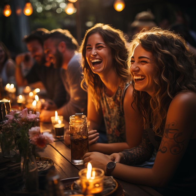 Un groupe d'amis rient et apprécient le dîner dans un restaurant en plein air