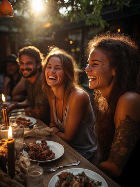 Un groupe d'amis rient et apprécient le dîner dans un restaurant en plein air