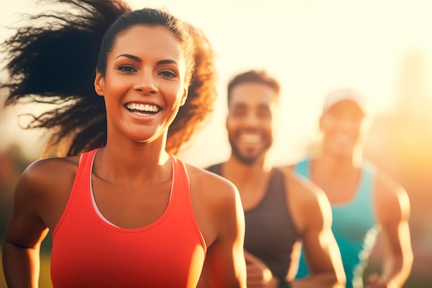 Un groupe d'amis rient et profitent d'une course amicale sur la piste d'athlétisme