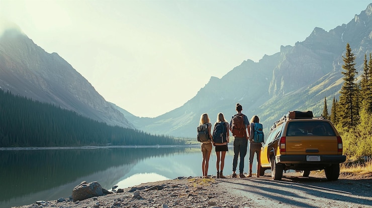 Photo un groupe d'amis en road trip avec des sacs à dos s'arrêtant près d'un lac de montagne pittoresque