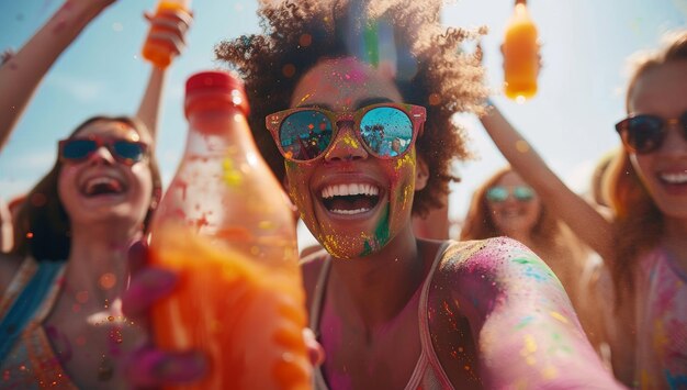 Un groupe d'amis s'amusant lors d'un festival Holi sur la plage