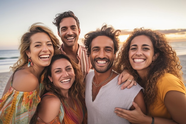 Un groupe d'amis s'amusant sincèrement sur une vacances à la plage souriant largement de joie et de gratitude incarnant le bonheur par l'océan serein Generative Ai