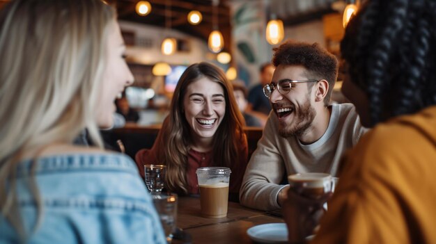 Un groupe d'amis s'amuse à rire et à discuter au café dans un café de style industriel à la mode