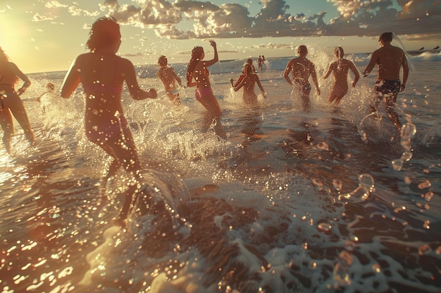 Un groupe d'amis s'éclaboussant et jouant dans les vagues.