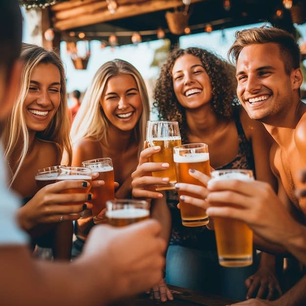 Un groupe d'amis s'encourageant avec de la boisson.