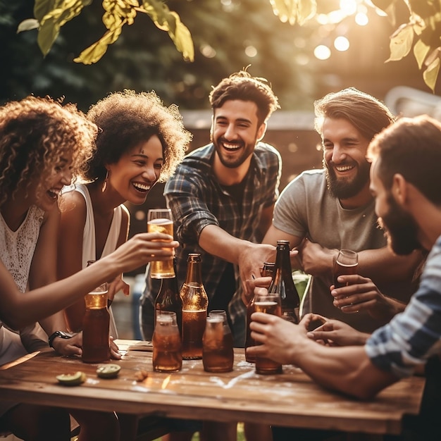 Un groupe d'amis s'encourageant avec de la boisson.