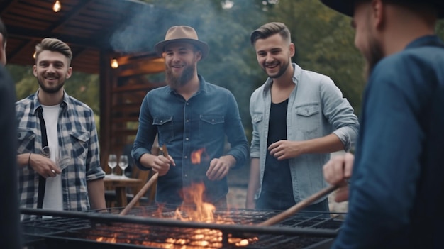 Un groupe d'amis s'est réuni autour d'un foyer pour cuisiner des plats de barbecue appétissants et profiter de la chaleur et de la camaraderie d'un charmant cadre d'IA générative en plein air