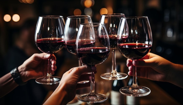 Groupe d'amis savourant le moment avec un toast de vin rouge lors d'un dîner animé