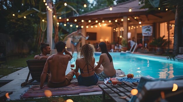 Un groupe d'amis se détend au bord de la piscine par une chaude nuit d'été. Ils portent tous des maillots de bain et semblent apprécier la conversation.