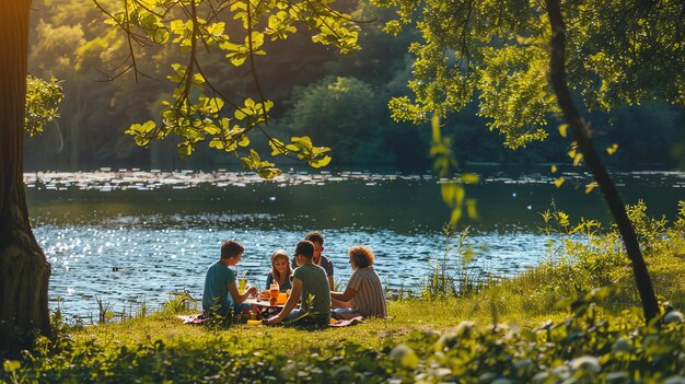 Un groupe d'amis se détendent lors d'un pique-nique au bord du lac. Ils sont assis sur une couverture en train de manger, boire et parler.