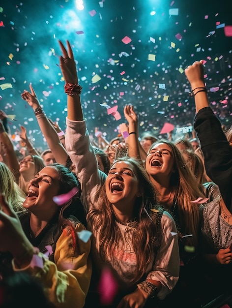 un groupe d'amis se divertissant au festival de concert confetti de minuit