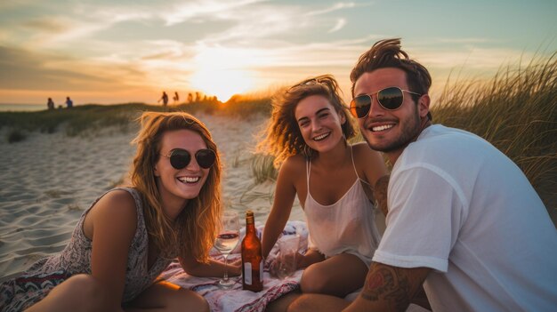 Groupe d'amis se relaxant sur la plage