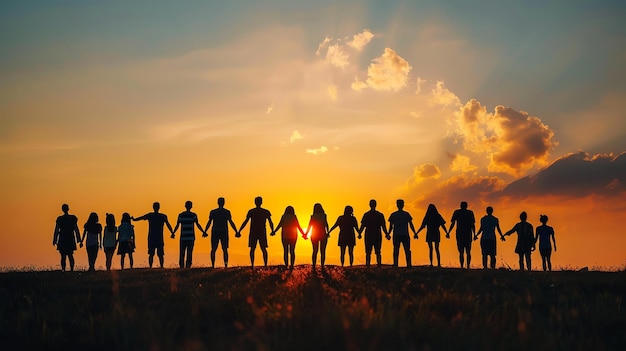 Un groupe d'amis se tenant par la main et se tenant dans un champ d'herbe haute au coucher du soleil le ciel est orange vif et le soleil se couche derrière eux