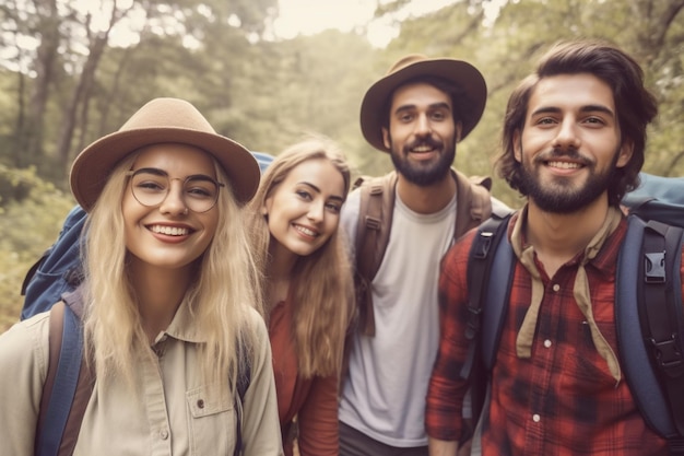 Un groupe d'amis se tient dans une forêt.