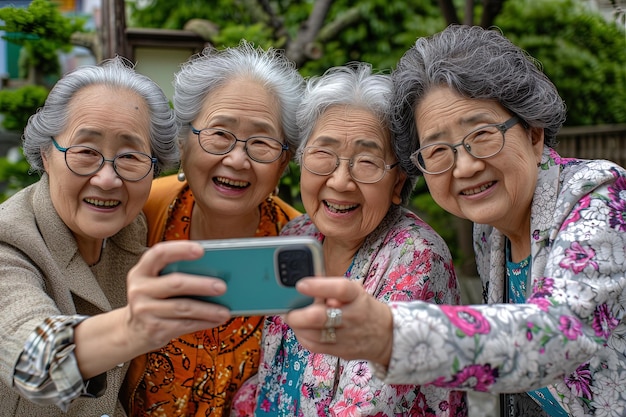Un groupe d'amis seniors asiatiques se font un selfie pendant les vacances d'été.