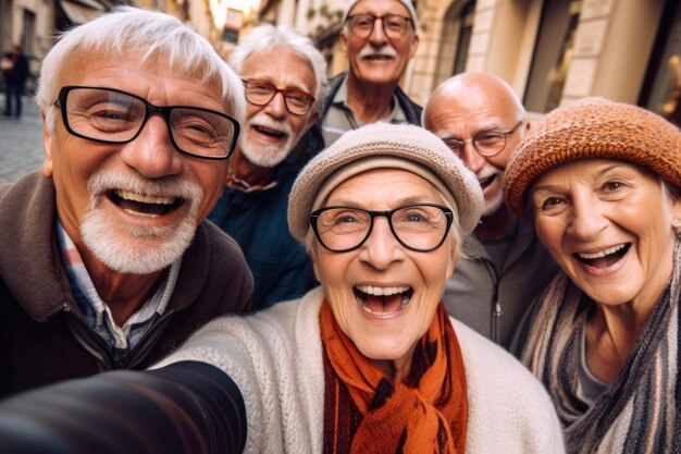 Groupe d'amis seniors heureux regardant à huis clos et souriant tout en prenant des selfies