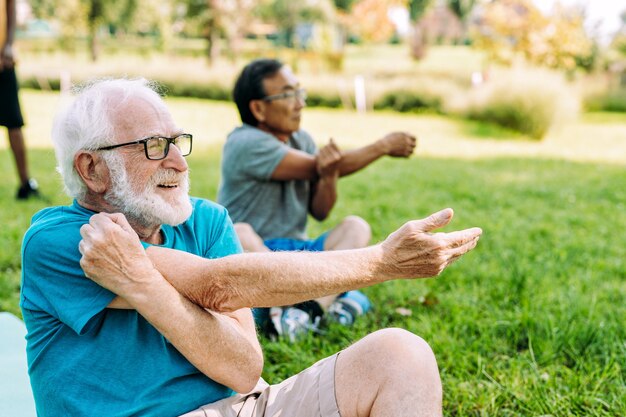 Groupe d'amis seniors s'entraînant au parc Concepts de mode de vie sur l'ancienneté et le troisième âge