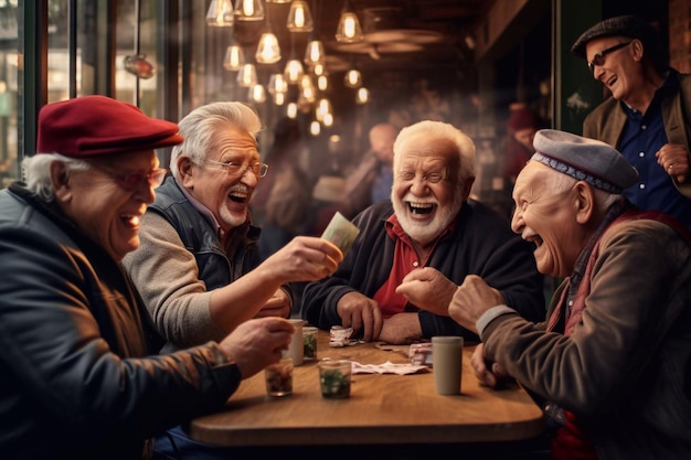 Groupe d'amis seniors souriants passant du temps ensemble assis dans le parc Generative AI