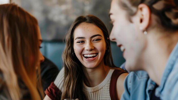 Un groupe d'amis sont assis dans un café et rient Ils portent tous des vêtements décontractés et semblent apprécier leur conversation