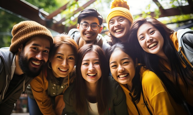 un groupe d'amis sourient et posent pour une photo ensemble