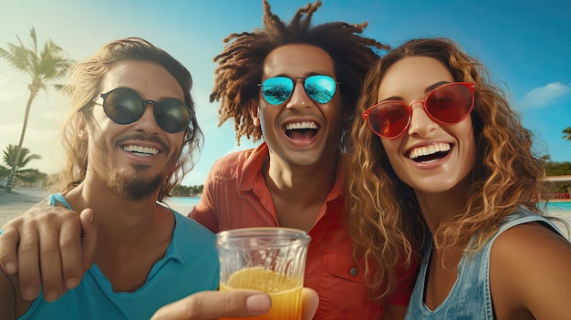 un groupe d'amis sourient et prennent un verre.