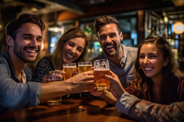 Un groupe d'amis en train de faire un toast et de célébrer avec leurs bières dans un bar bien éclairé.